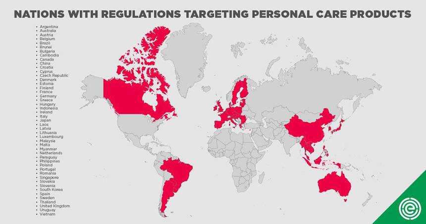 EWG map of countries with tighter cosmetic regulations than USA